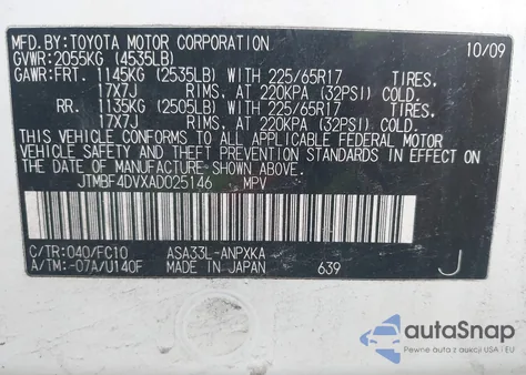 2010 Toyota Rav4 from USA, damaged, VIN JTMBF4DVXAD025146